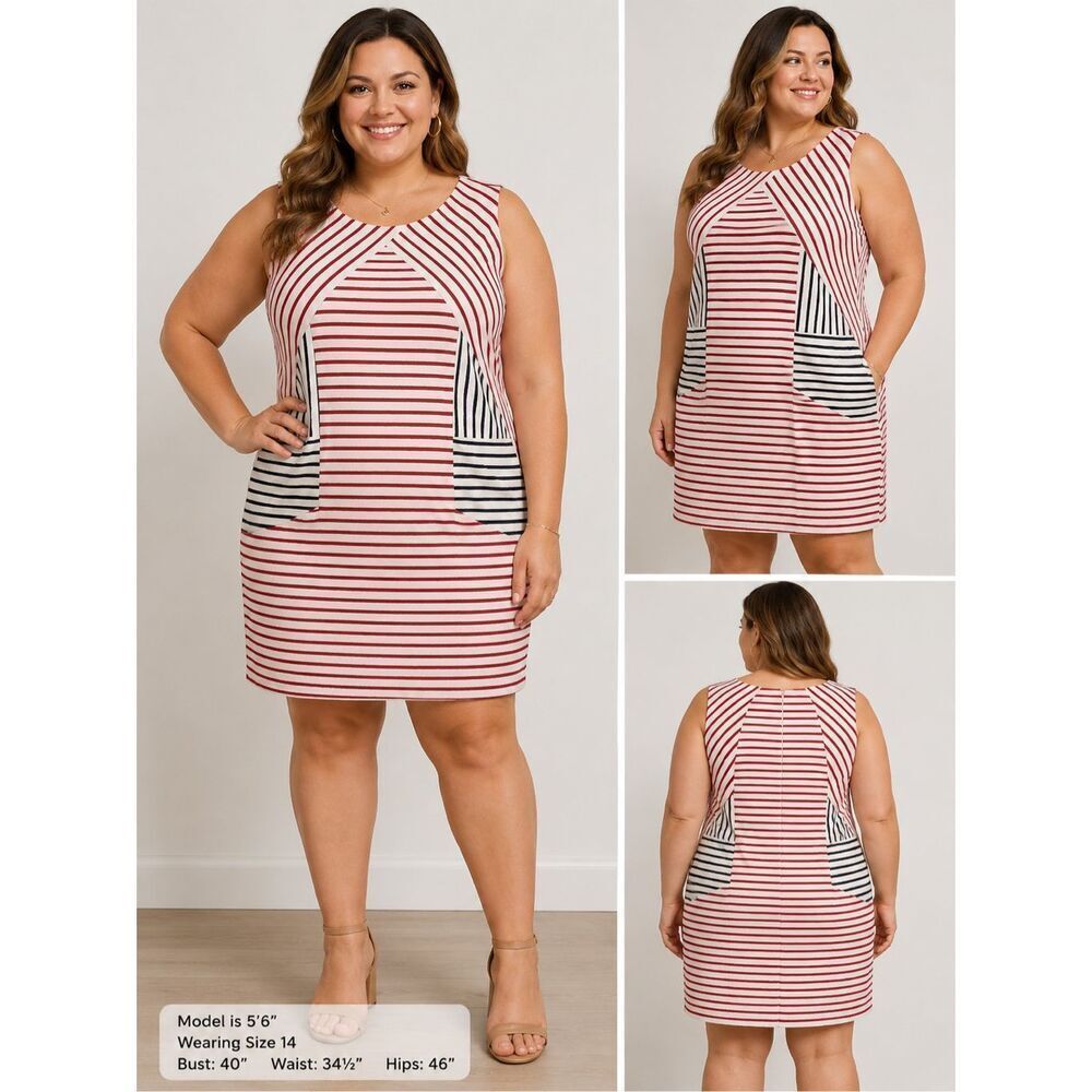 Slate & Willow Womens Striped Shift Dress Lined Knee Length Cotton Red Cream 14
